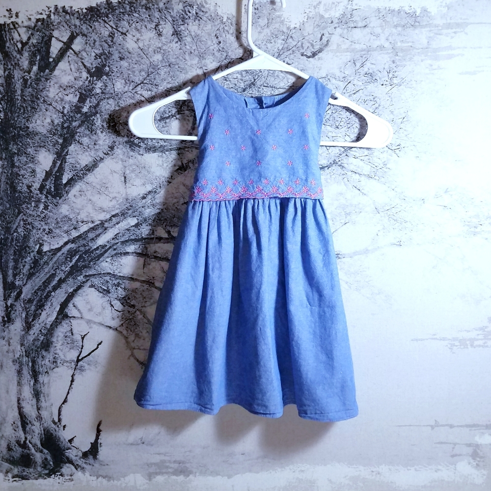 Goodlad Blue Denim Look Pink Star Embroidered Tie Back Summer Dress Girls Sz 4T